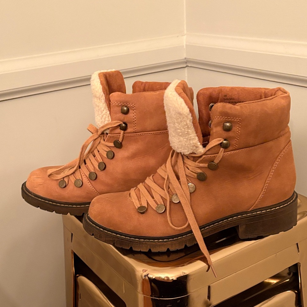 Rampage Women's Lace-Up Tan Boots with Cream Accents - Picture 3 of 5